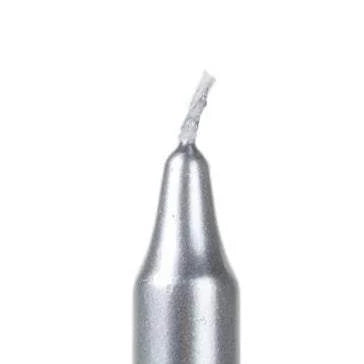 Metallic silver candle with a white cable on a white background