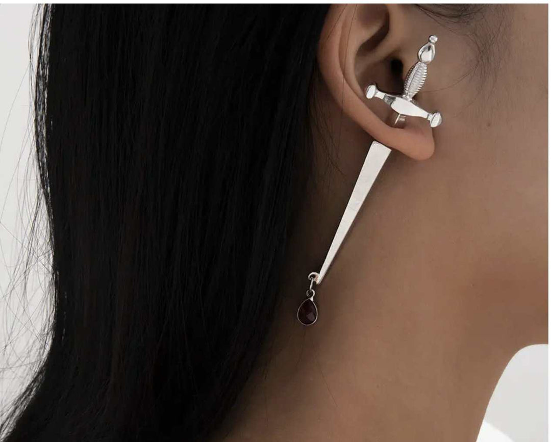 Single Dagger Earring with Garnet Blood - Sacred Crystals Earrings