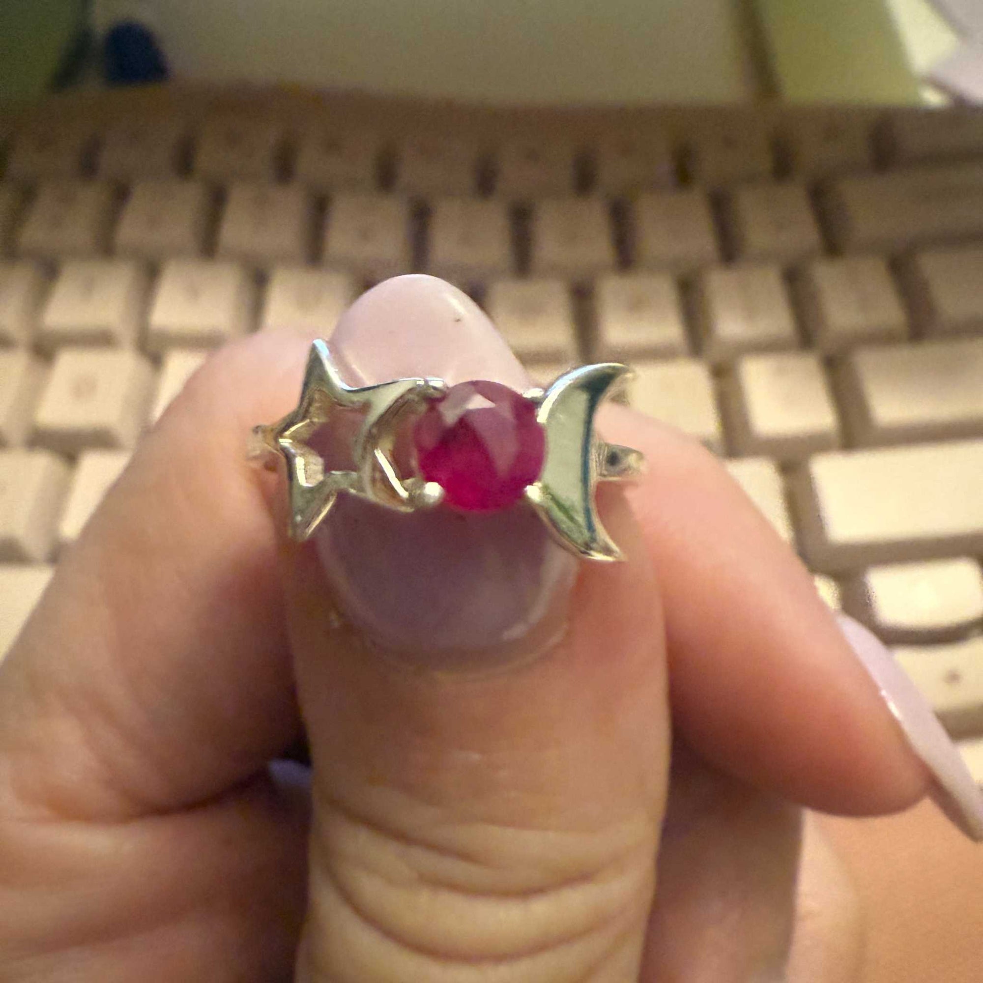 Triple Goddess Ruby Ring (Star–Moon Design)