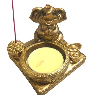 Tea Light and Incense Holder - Gold Elephant - Sacred Crystals Incense Burners
