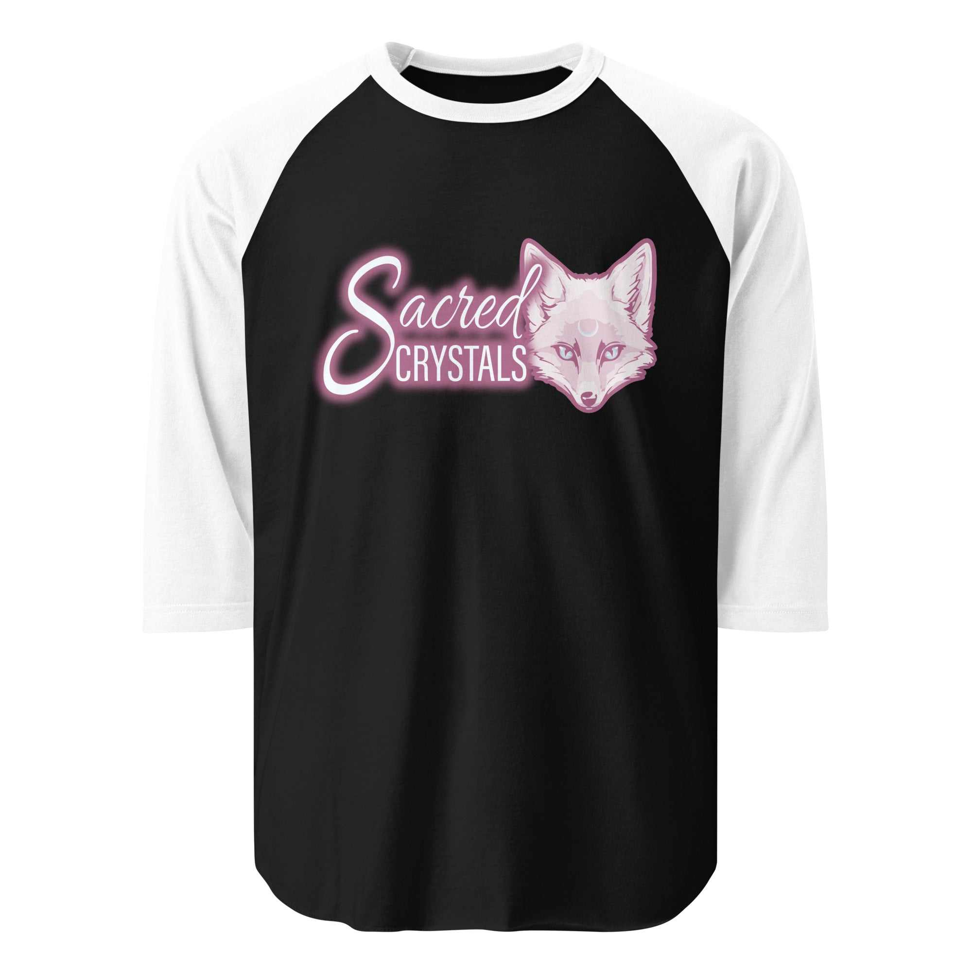 Black and white 3/4 sleeve raglan shirt with Sacred Crystals pink fox graphic on front