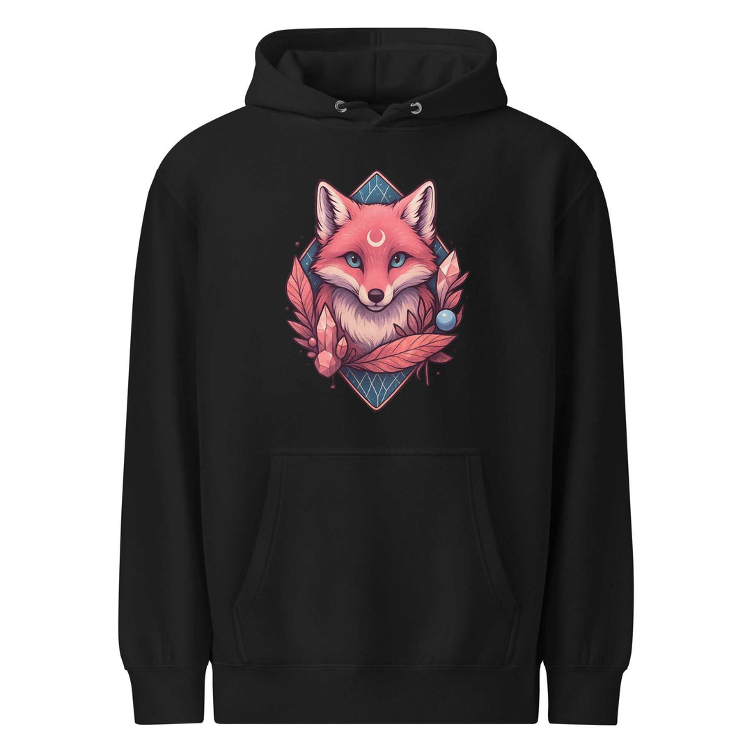 Black unisex Sacred Swag Luna hoodie with a stylized fox graphic and kangaroo pocket, made from cotton and recycled polyester blend.