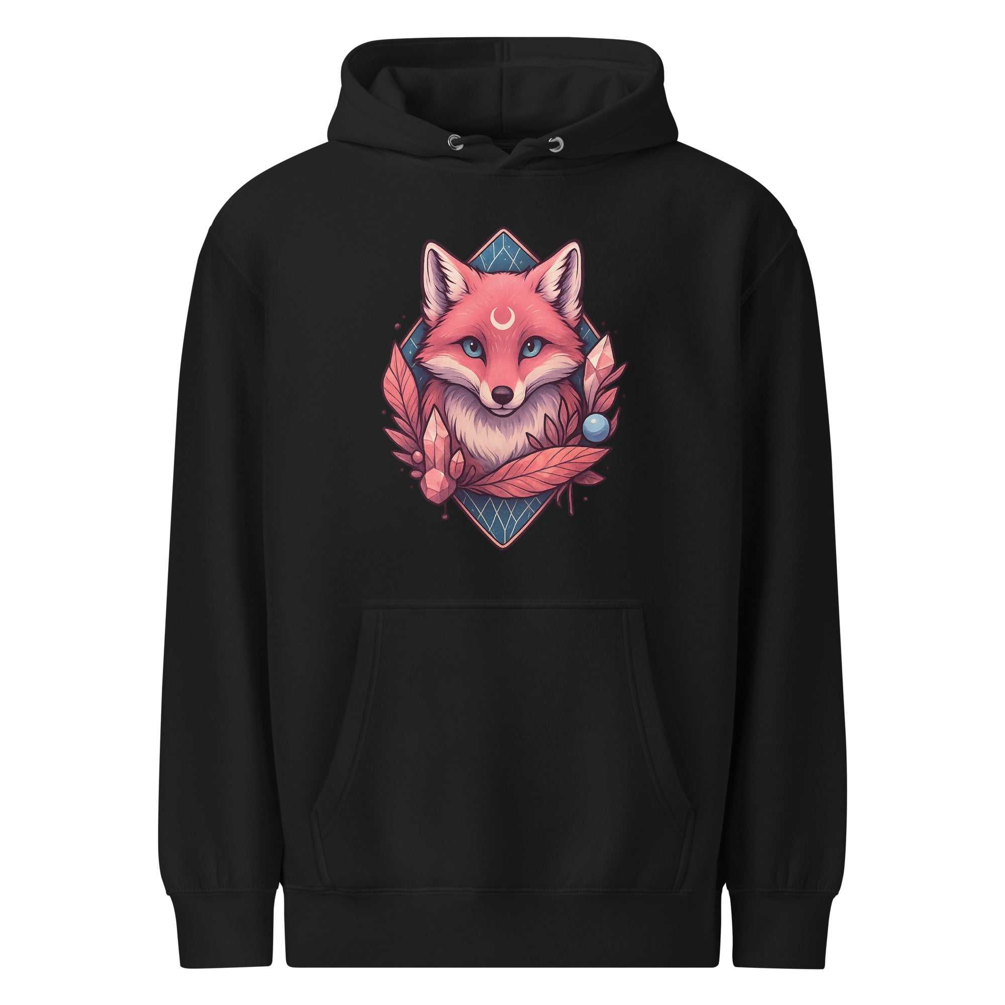 Black unisex Sacred Swag Luna hoodie with a stylized fox graphic and kangaroo pocket, made from cotton and recycled polyester blend.