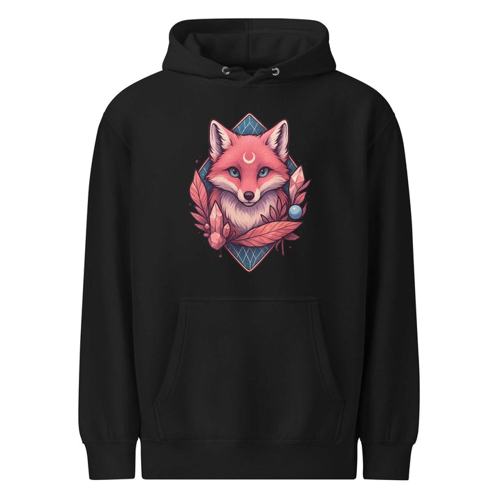 Black unisex Sacred Swag Luna hoodie with a stylized fox graphic and kangaroo pocket, made from cotton and recycled polyester blend.