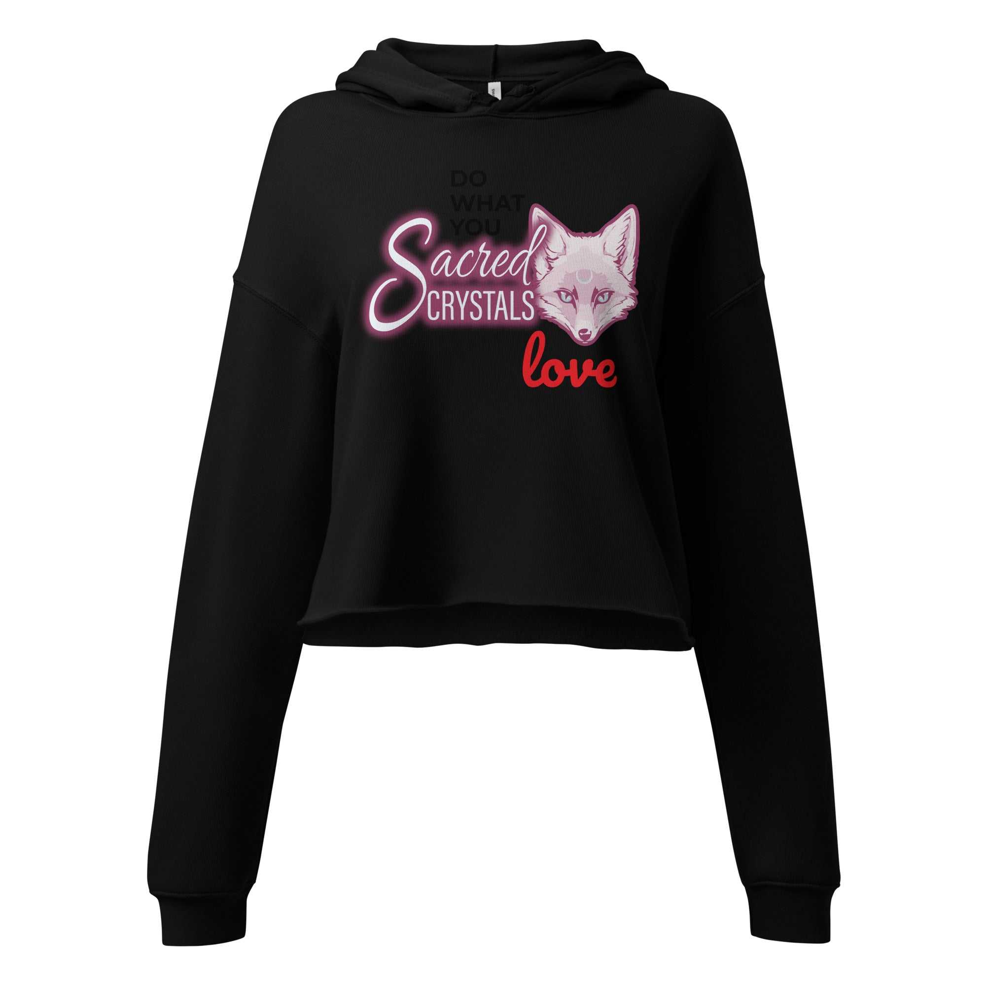 Black Sacred Swag Love Crop Hoodie with raw hem, dropped shoulder, and graphic fox design with neon text.