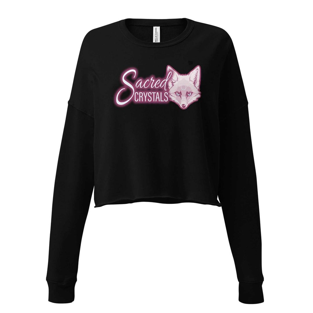 Black Sacred Swag fleece crop sweatshirt with ribbed neckline and raw hem featuring pink Sacred Crystals text and fox graphic
