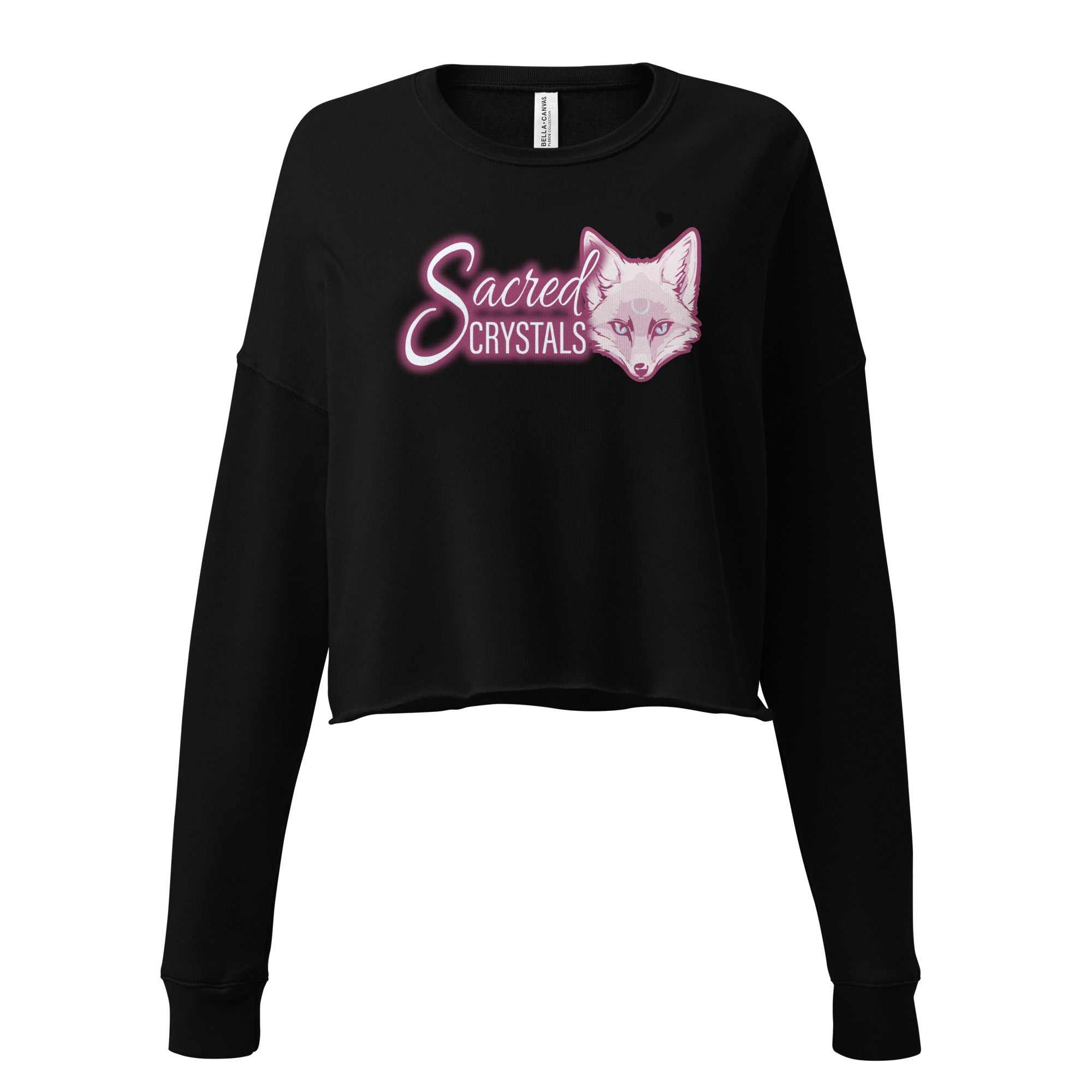 Black Sacred Swag fleece crop sweatshirt with ribbed neckline and raw hem featuring pink Sacred Crystals text and fox graphic