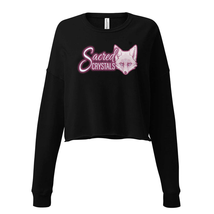 Black Sacred Swag fleece crop sweatshirt with ribbed neckline and raw hem featuring pink Sacred Crystals text and fox graphic
